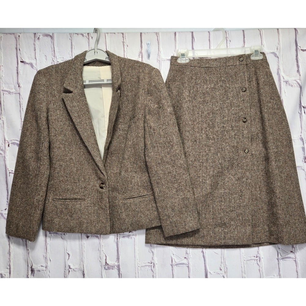Vintage Handmade Brown Tweed Skirt Suit Set Blazer A-Line Skirt Wool Blend